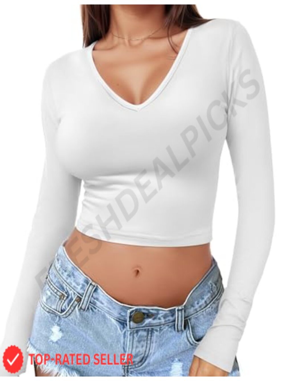 Womens Long Sleeve Crop Top Slim Fit Y2K V-Neck Pullover Casual